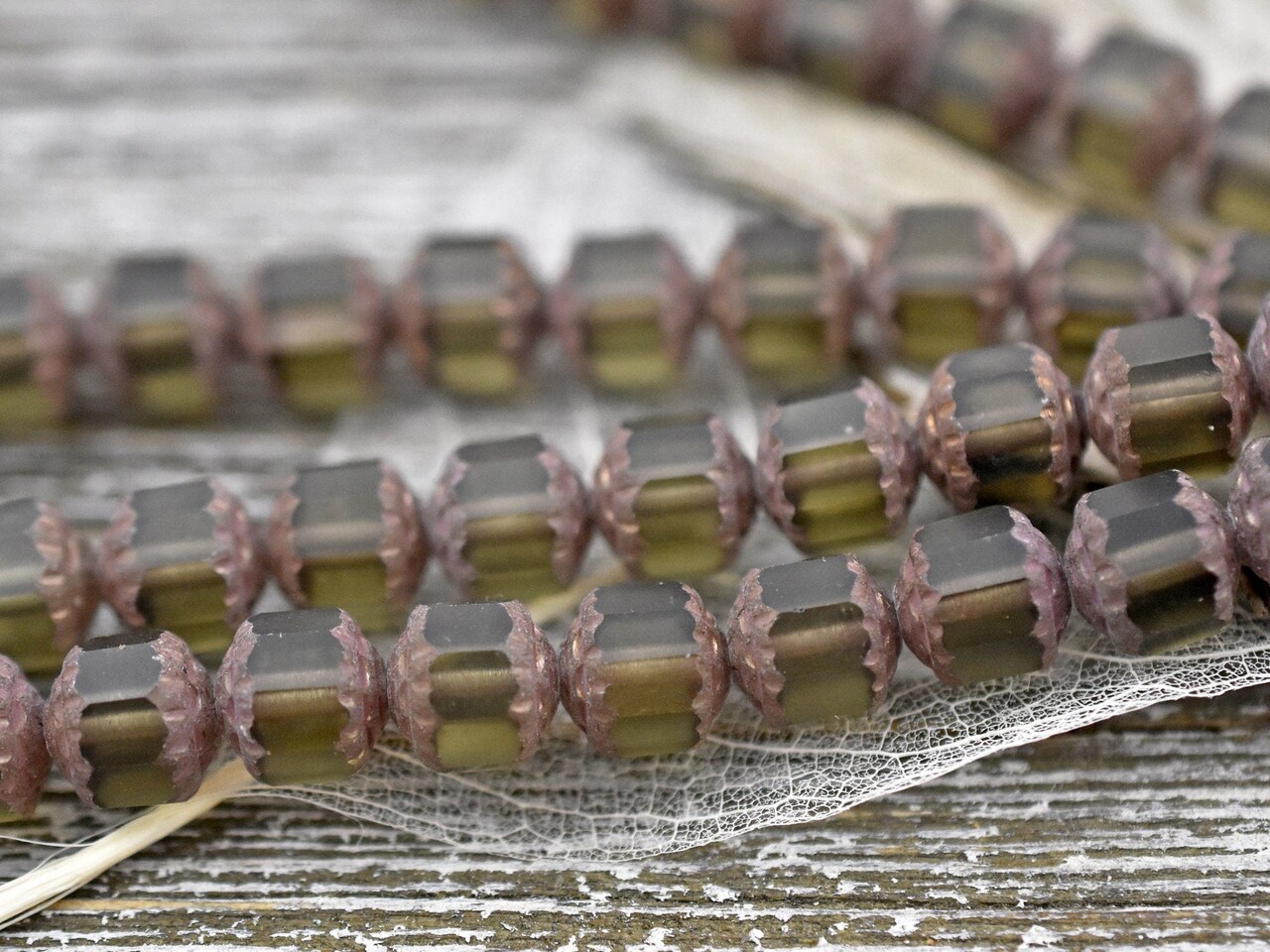 *10* 8mm Rust Washed Matte Pale Olive Fire Polished Cathedral Beads